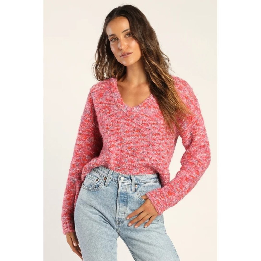 Lulu's Keepin' It Cuddly Pink Heather Multi V-Neck Sweater Size M